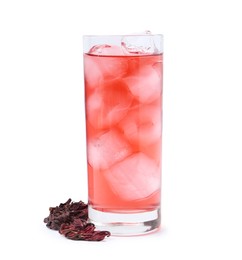 Photo of Delicious hibiscus tea with ice in glass and dry roselle sepals isolated on white