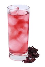 Photo of Delicious hibiscus tea with ice in glass and dry roselle sepals isolated on white