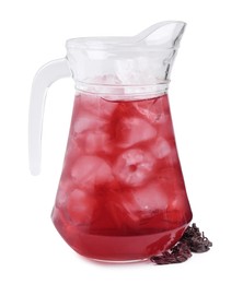 Photo of Delicious hibiscus tea with ice in glass jug and dry roselle sepals isolated on white