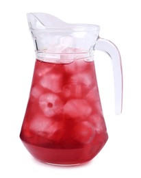 Photo of Delicious hibiscus tea with ice in glass jug isolated on white