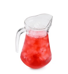 Photo of Delicious hibiscus tea with ice in glass jug isolated on white