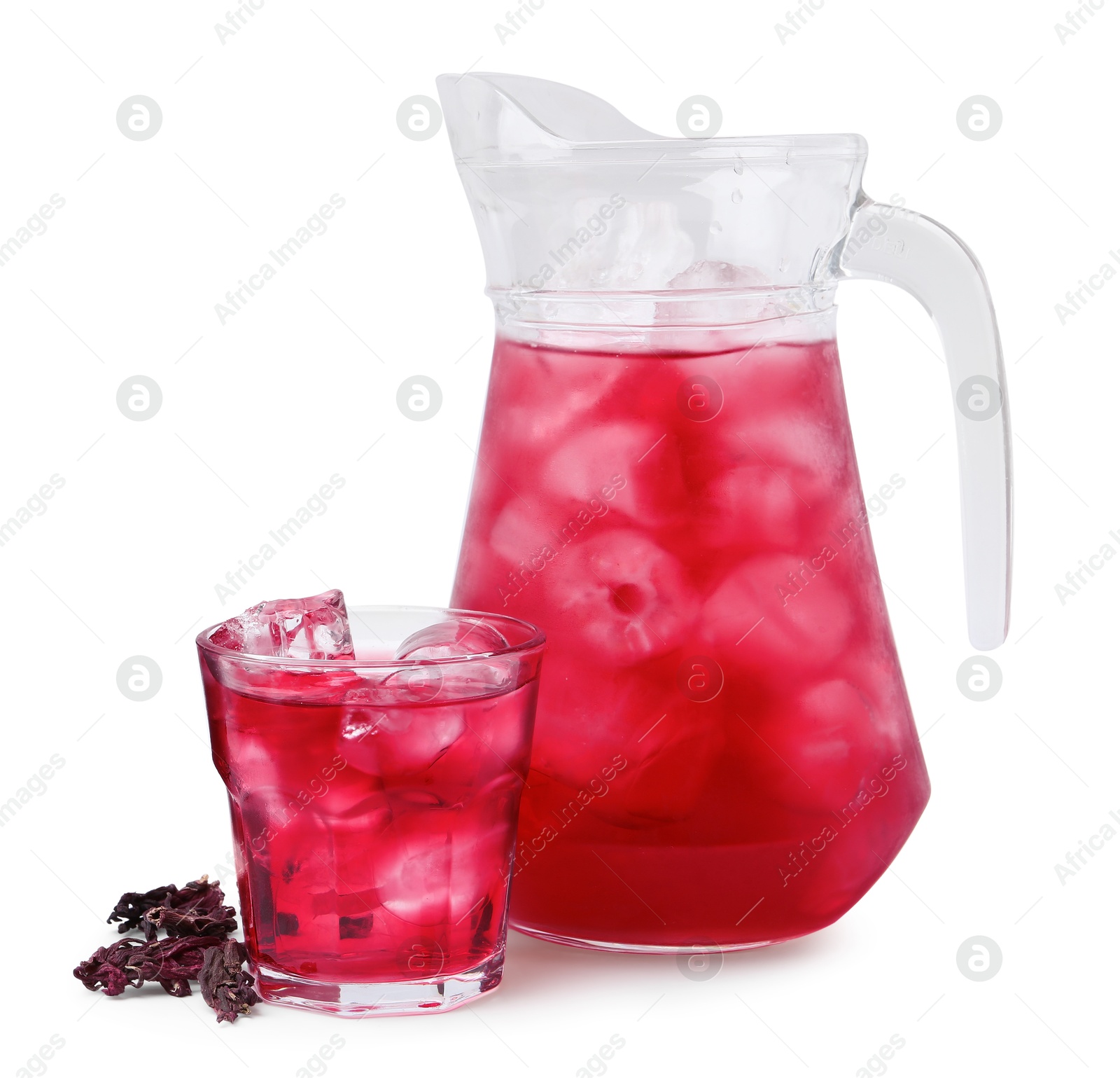 Photo of Delicious hibiscus tea with ice and dry roselle sepals isolated on white