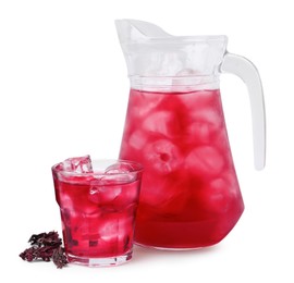 Photo of Delicious hibiscus tea with ice and dry roselle sepals isolated on white