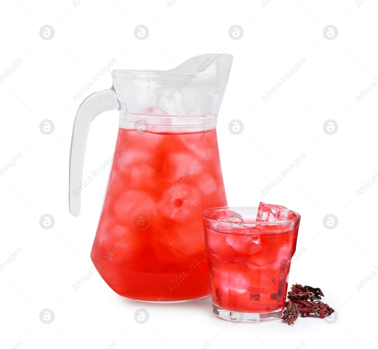 Photo of Delicious hibiscus tea with ice and dry roselle sepals isolated on white