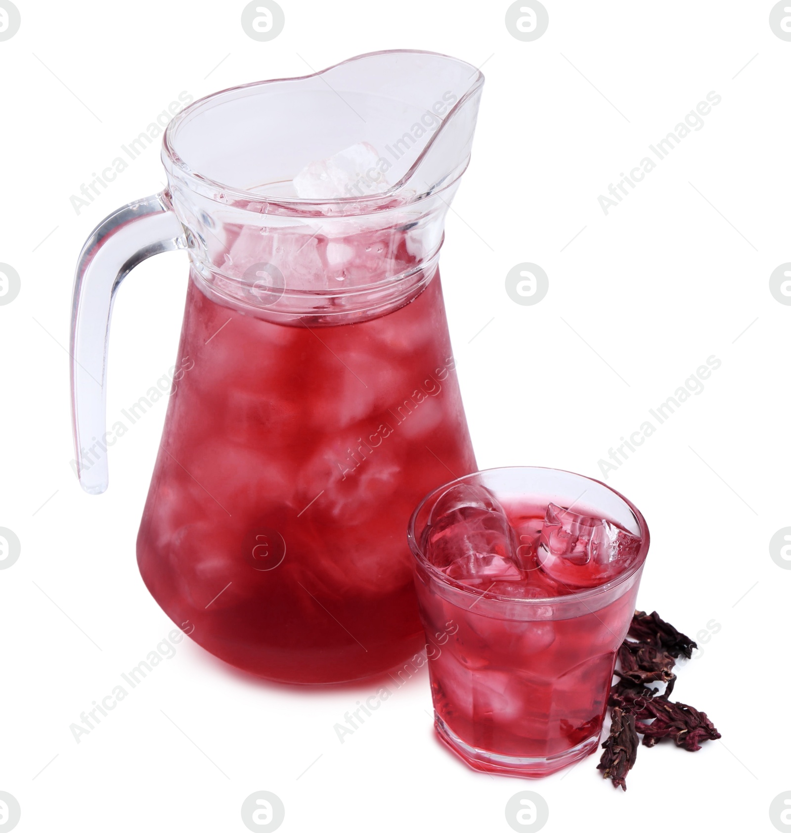 Photo of Delicious hibiscus tea with ice and dry roselle sepals isolated on white