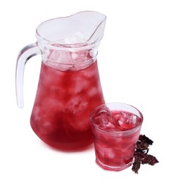 Photo of Delicious hibiscus tea with ice and dry roselle sepals isolated on white