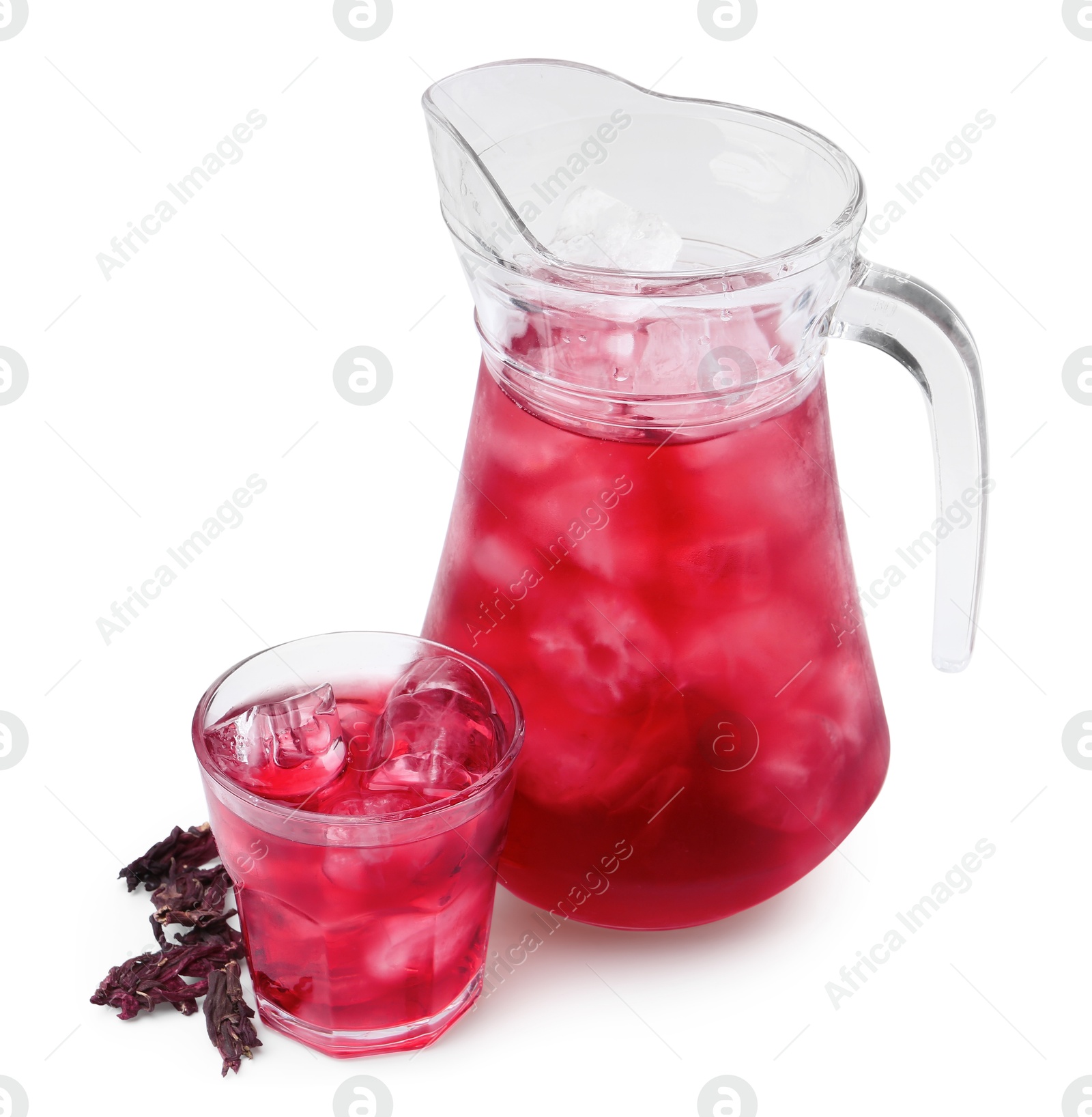 Photo of Delicious hibiscus tea with ice and dry roselle sepals isolated on white