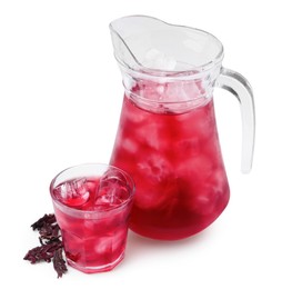 Photo of Delicious hibiscus tea with ice and dry roselle sepals isolated on white