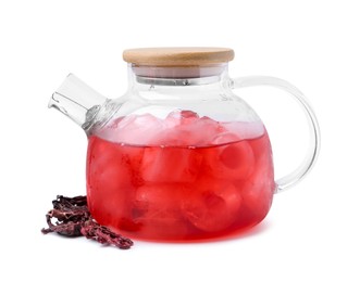 Photo of Delicious hibiscus tea with ice in teapot and dry roselle sepals isolated on white