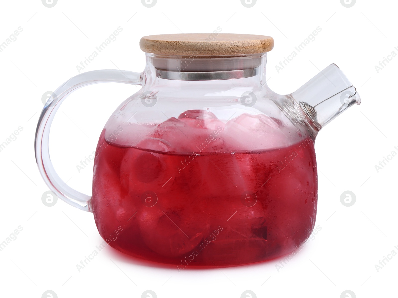 Photo of Delicious hibiscus tea with ice in teapot isolated on white