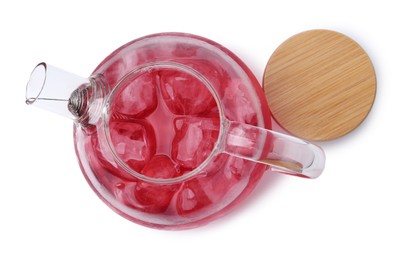 Photo of Delicious hibiscus tea with ice in teapot isolated on white, top view