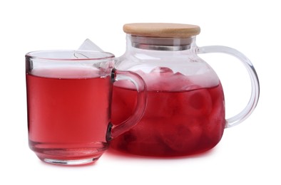 Photo of Delicious hibiscus tea with ice isolated on white