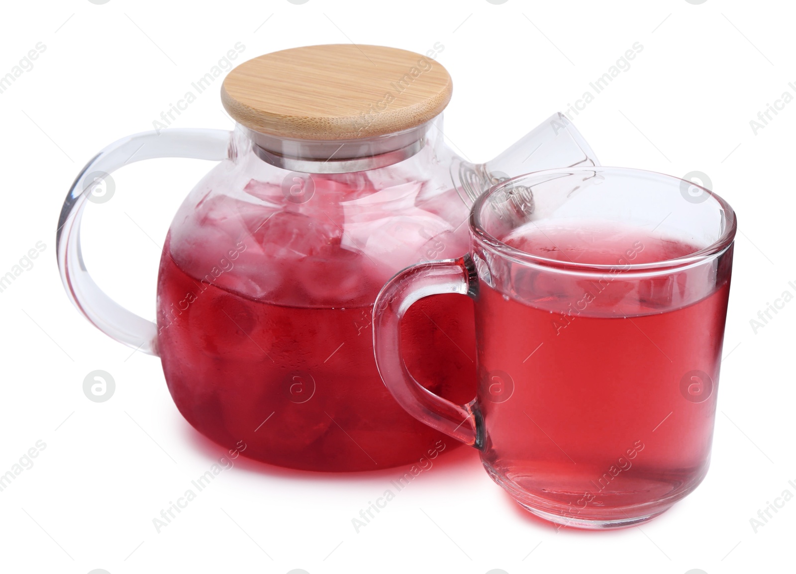 Photo of Delicious hibiscus tea with ice isolated on white