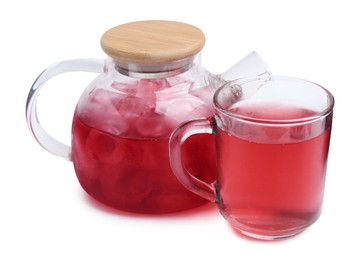 Photo of Delicious hibiscus tea with ice isolated on white