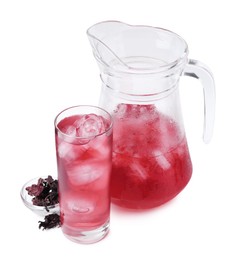 Photo of Delicious hibiscus tea with ice and dry roselle sepals isolated on white