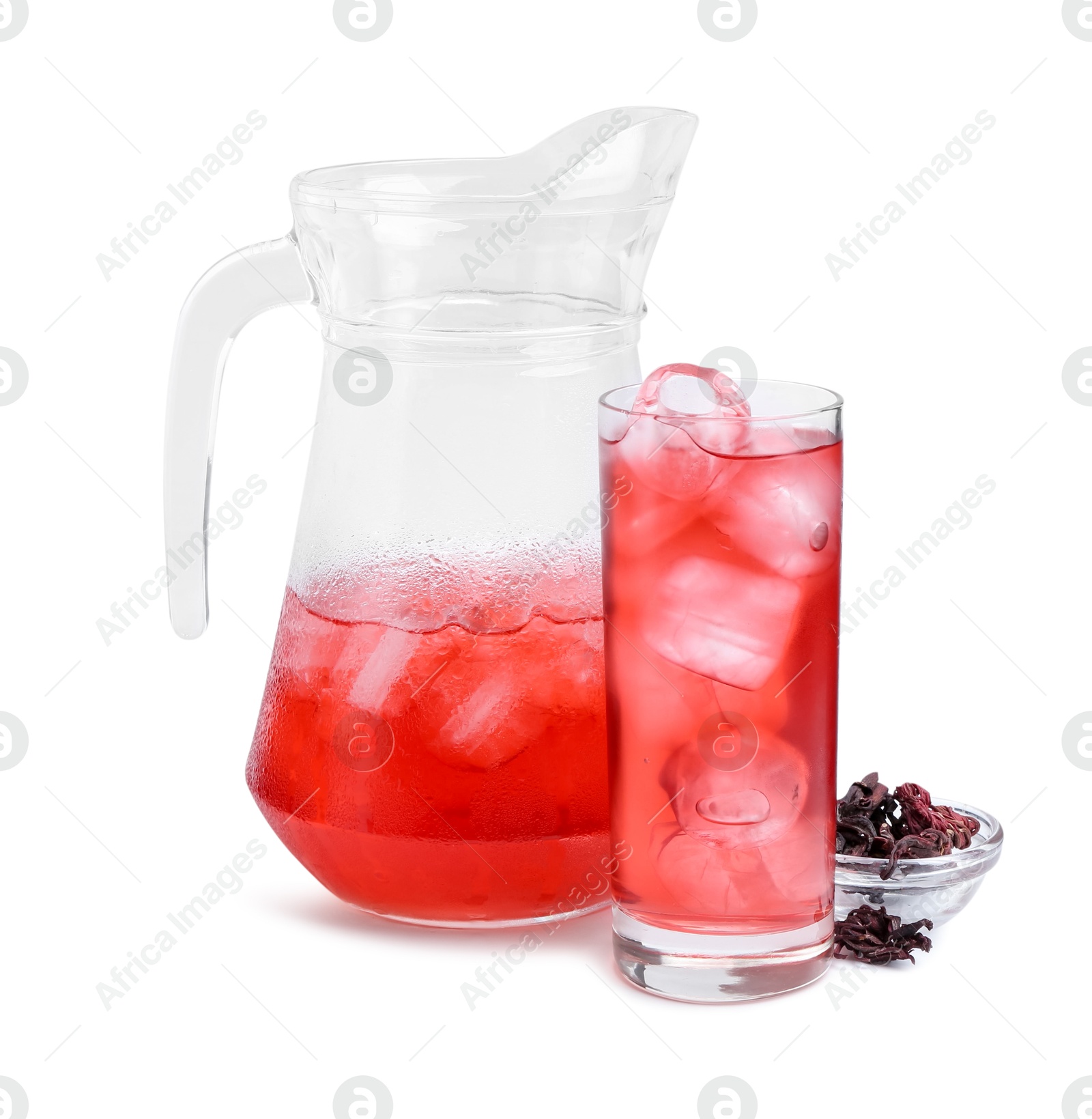 Photo of Delicious hibiscus tea with ice and dry roselle sepals isolated on white