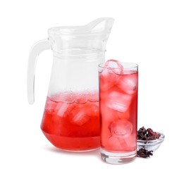 Photo of Delicious hibiscus tea with ice and dry roselle sepals isolated on white