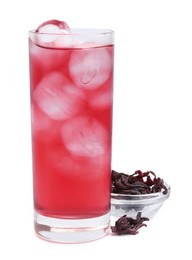 Photo of Delicious hibiscus tea with ice in glass and dry roselle sepals isolated on white