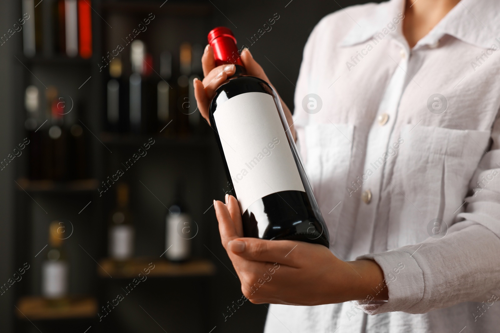 Photo of Professional sommelier holding bottle of red wine indoors, closeup. Space for text