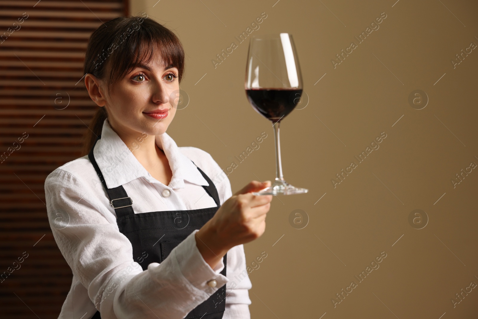 Photo of Professional sommelier analyzing quality of red wine indoors, space for text