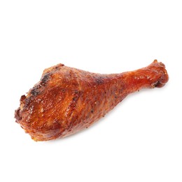 Photo of Delicious baked turkey drumstick isolated on white, top view