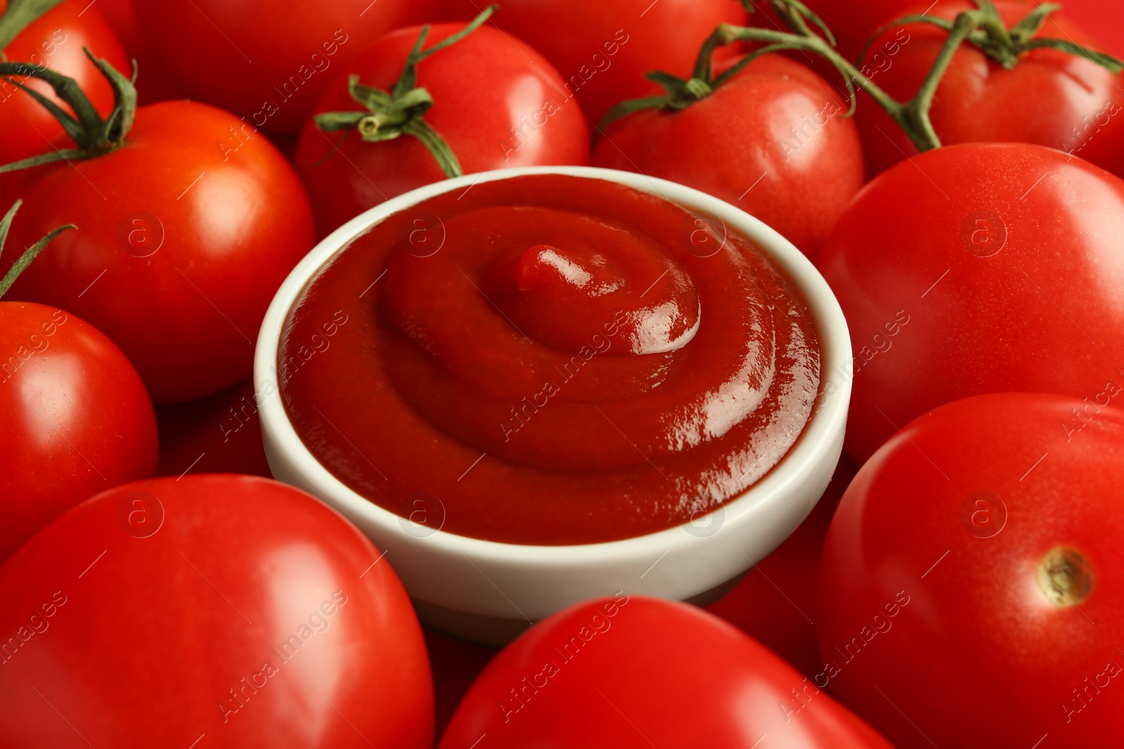 Photo of Ketchup in bowl and fresh tomatoes, closeup