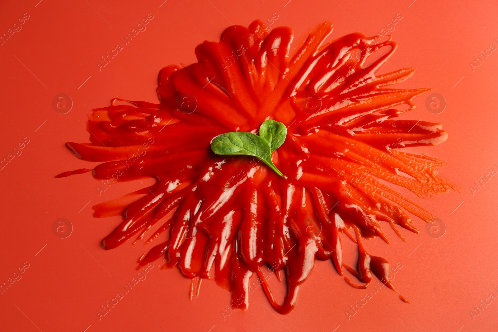 Photo of Tasty ketchup and basil on red background, above view