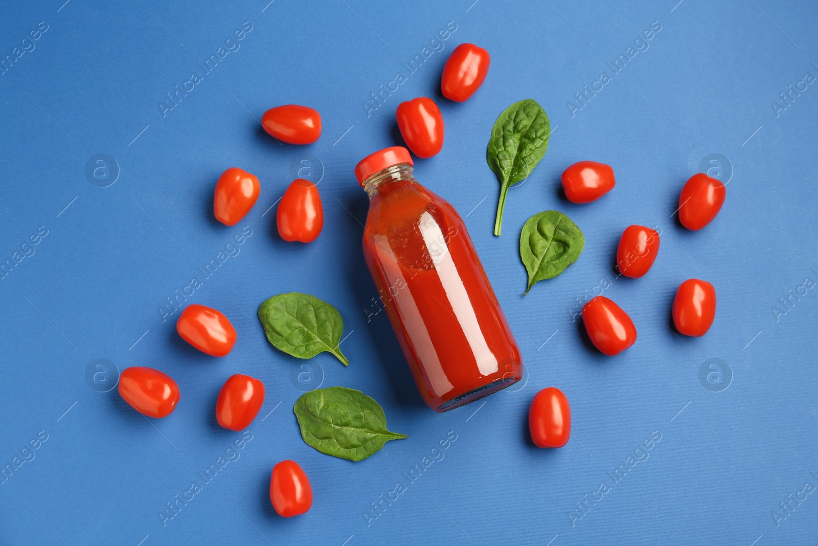 Photo of Tasty ketchup in bottle, tomatoes and basil on blue background, flat lay