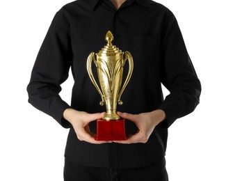 Photo of Woman with golden trophy cup on white background, closeup