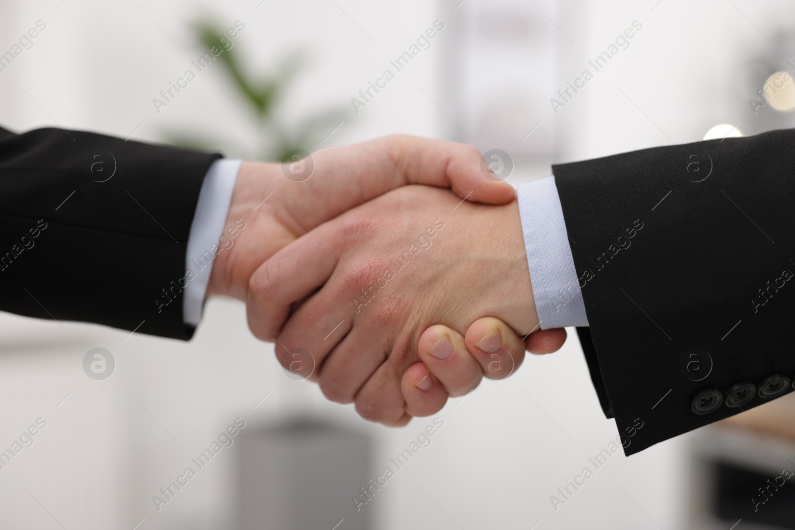 Photo of Businessmen shaking hands in agreement indoors, closeup