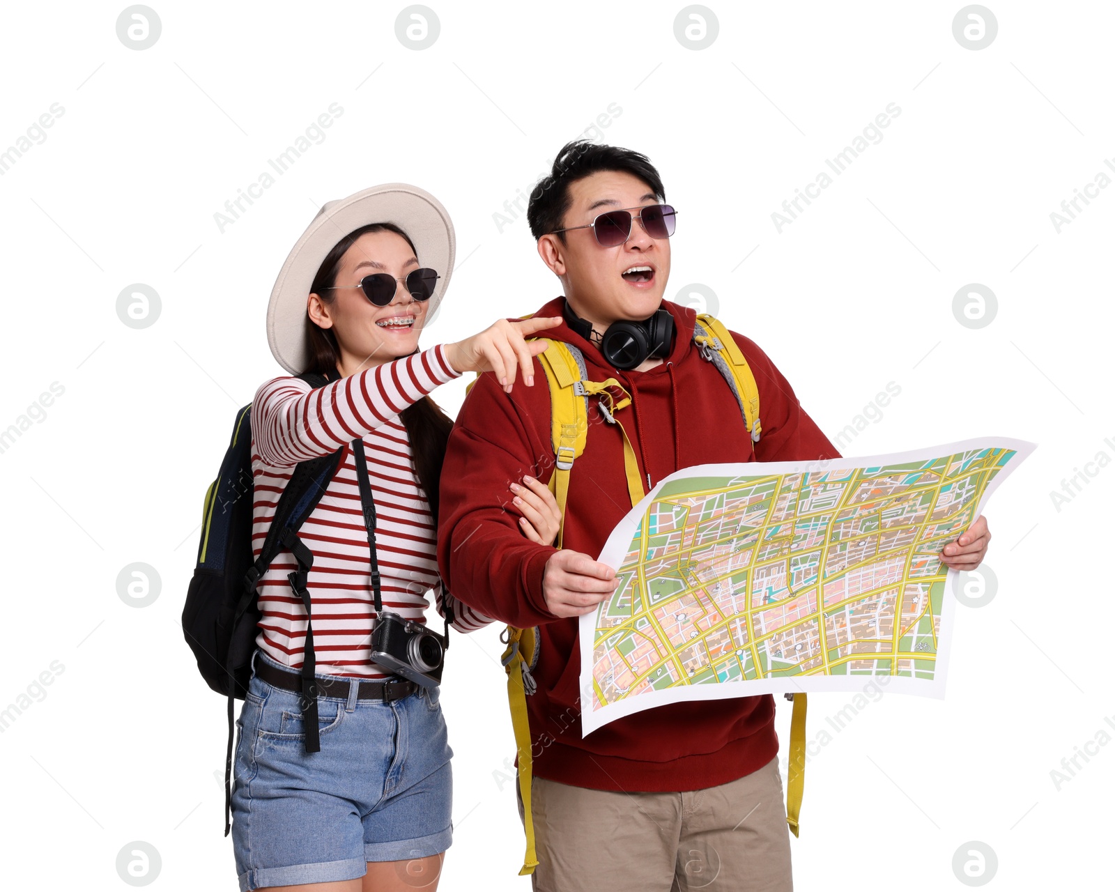 Photo of Travellers with backpacks and map on white background