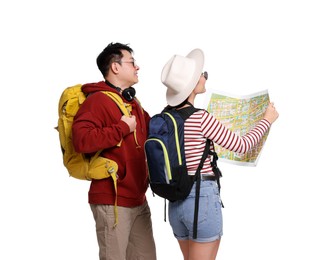 Photo of Travellers with backpacks and map on white background