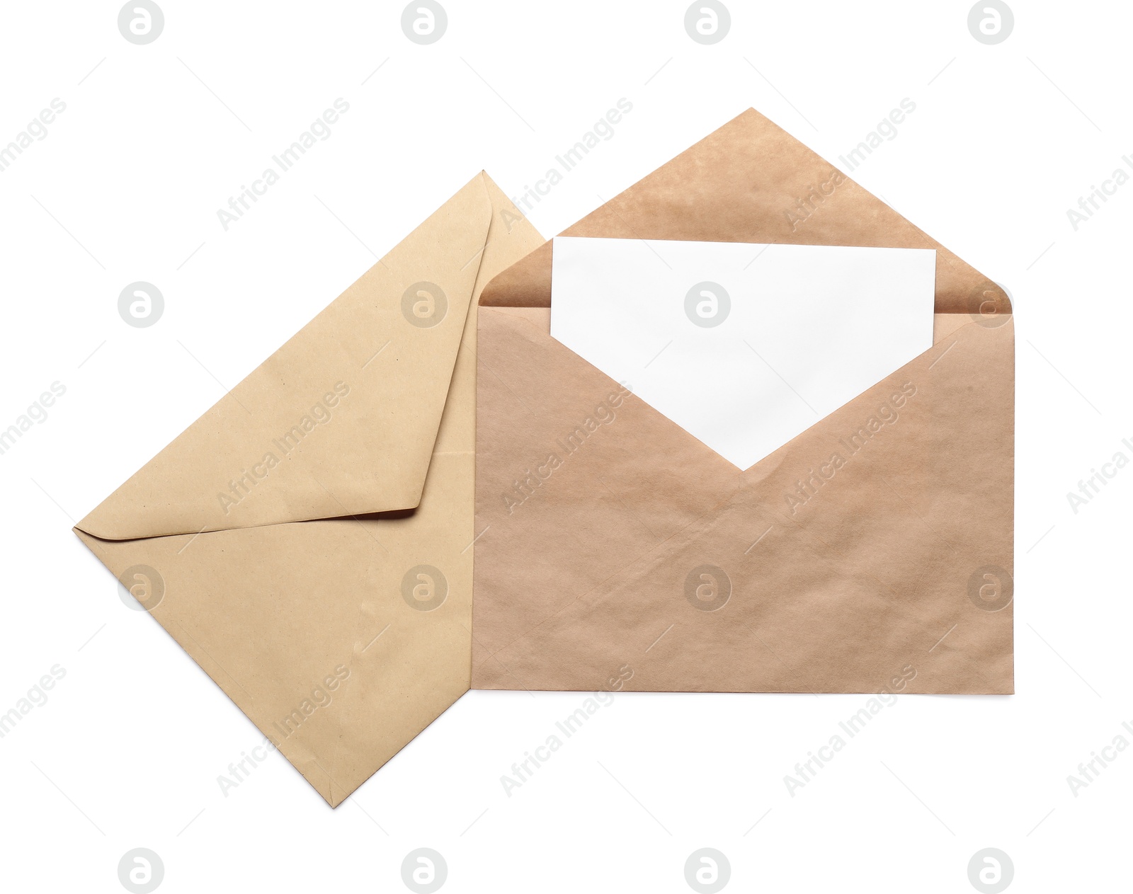 Photo of Envelopes isolated with card on white, top view. Mockup for design