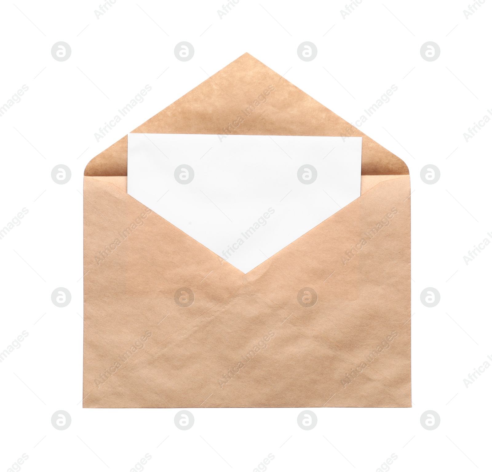 Photo of Envelope with card isolated on white, top view. Mockup for design