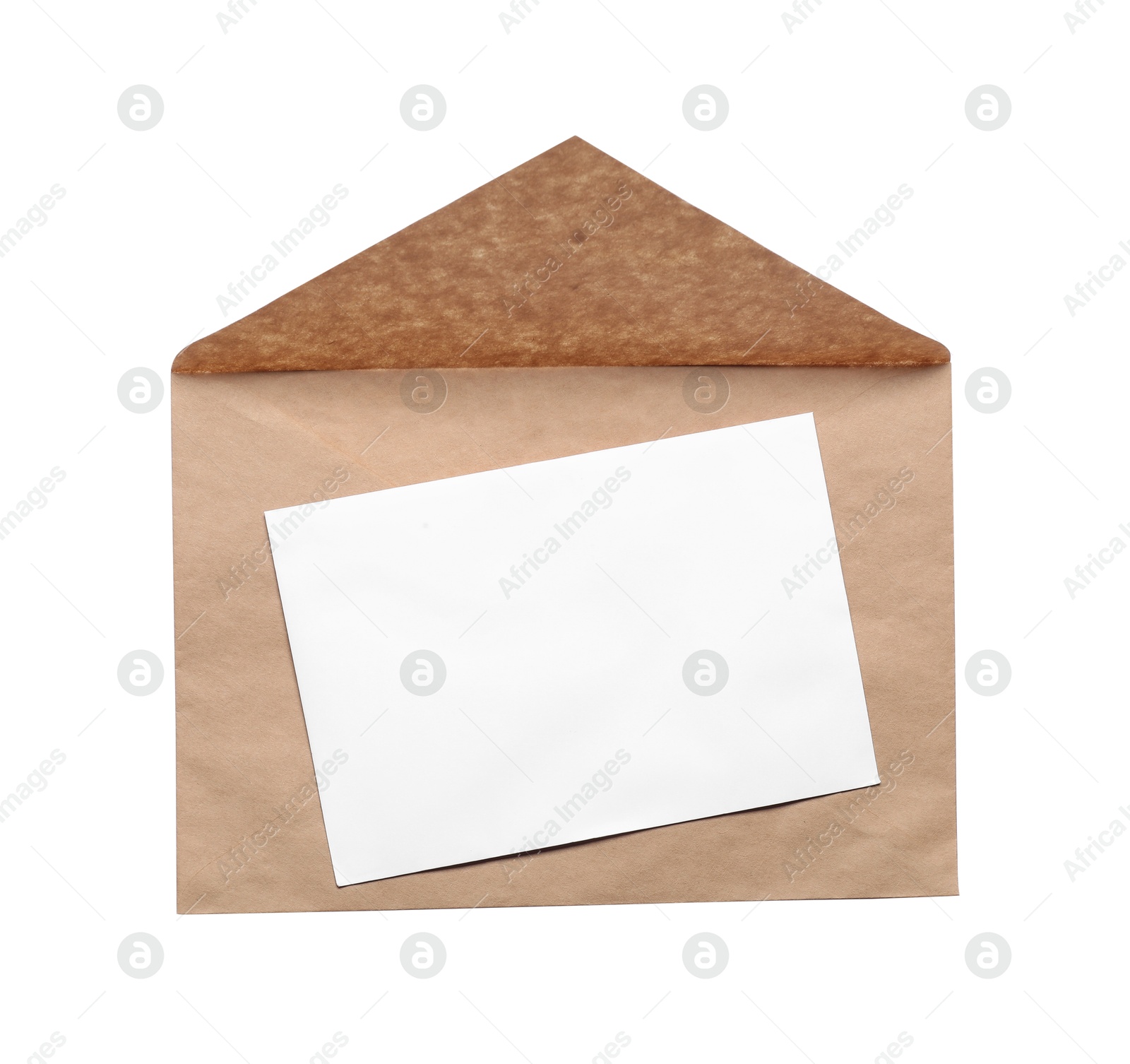 Photo of Envelope with card isolated on white, top view. Mockup for design