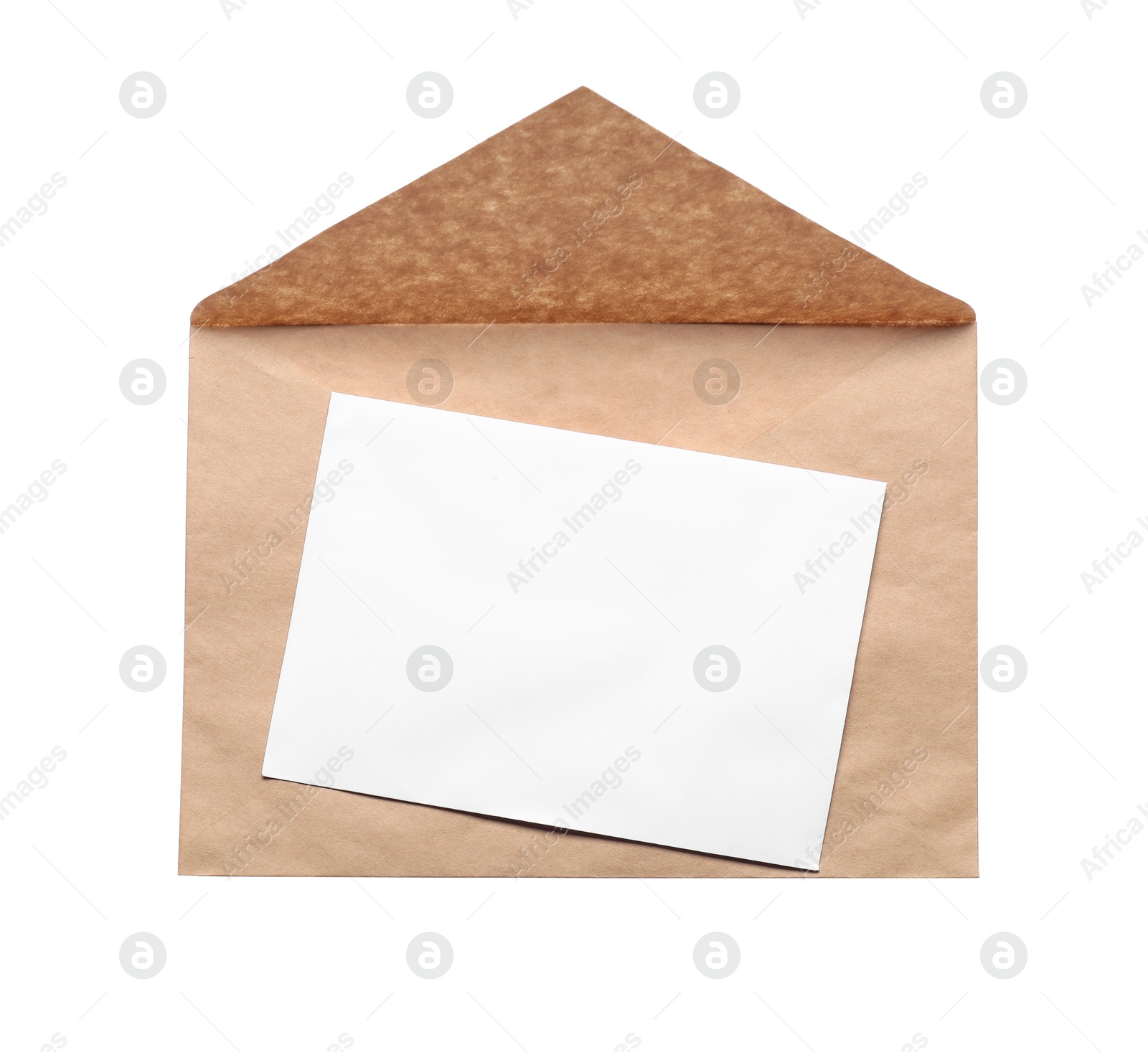 Photo of Envelope with card isolated on white, top view. Mockup for design