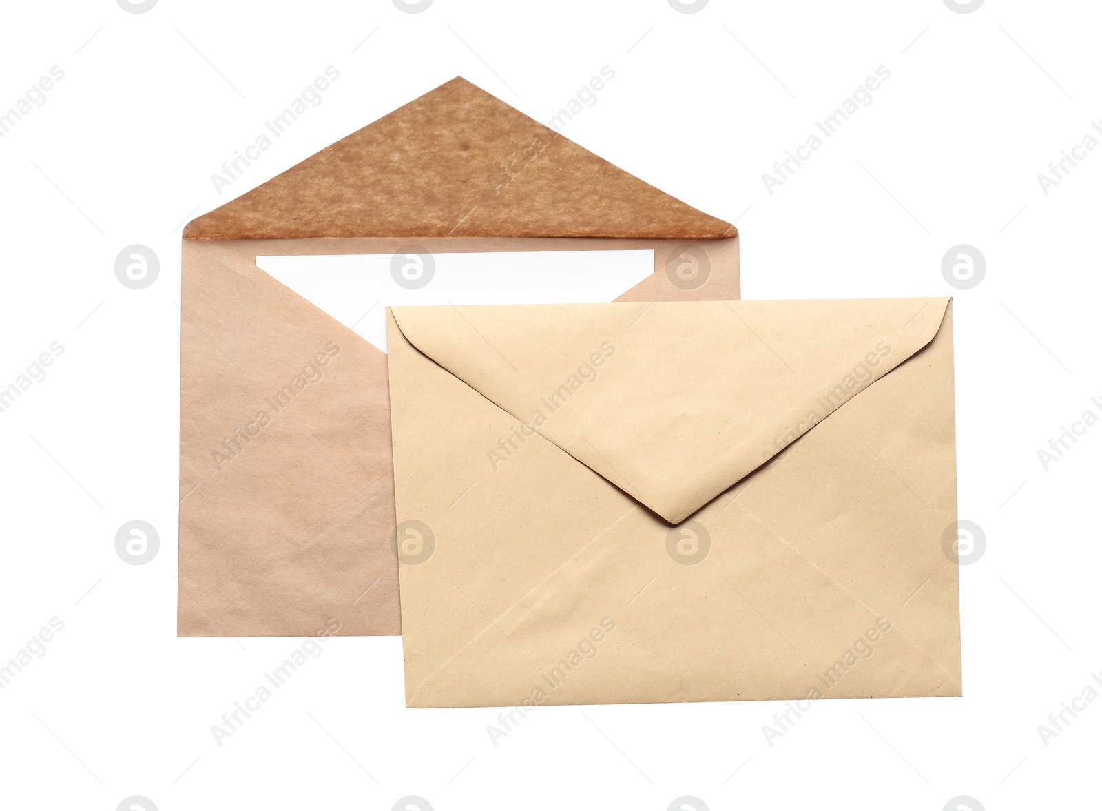 Photo of Envelopes isolated with card on white, top view. Mockup for design