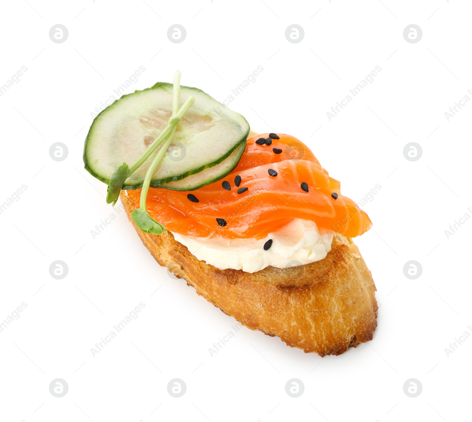 Photo of Delicious bruschetta with cream cheese, salmon and cucumber isolated on white