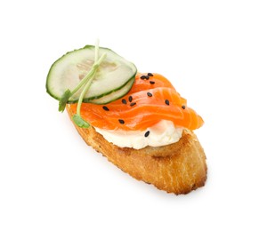 Photo of Delicious bruschetta with cream cheese, salmon and cucumber isolated on white