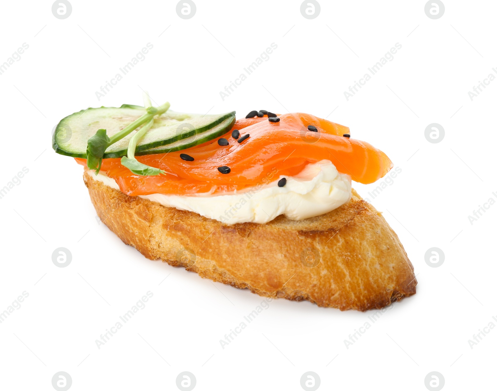 Photo of Delicious bruschetta with cream cheese, salmon and cucumber isolated on white