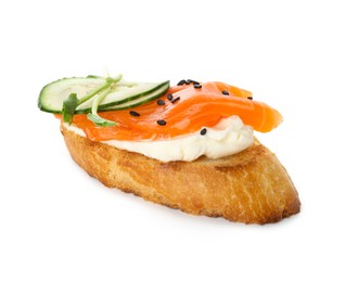 Photo of Delicious bruschetta with cream cheese, salmon and cucumber isolated on white