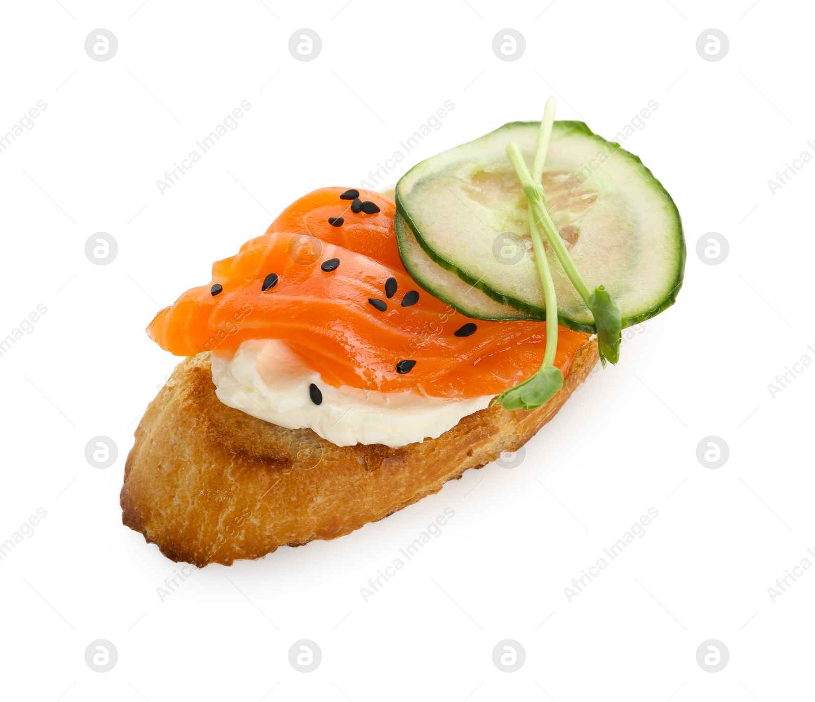 Photo of Delicious bruschetta with cream cheese, salmon and cucumber isolated on white