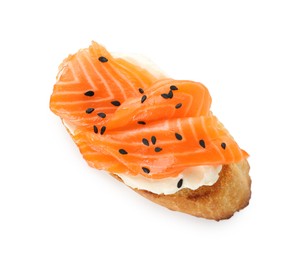 Photo of Delicious bruschetta with cream cheese and salmon isolated on white, top view