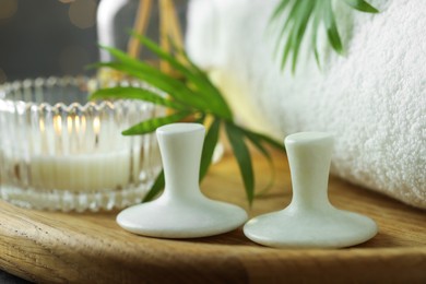 Photo of Spa stones, burning candle, towel and green leaves on wooden tray, closeup