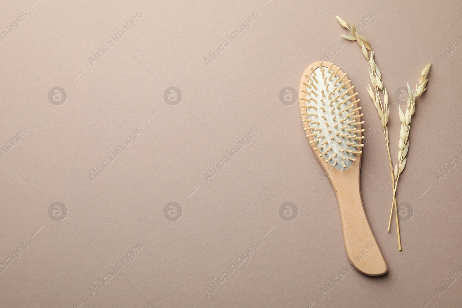 Photo of Wooden hair brush and spikes on color background, top view. Space for text