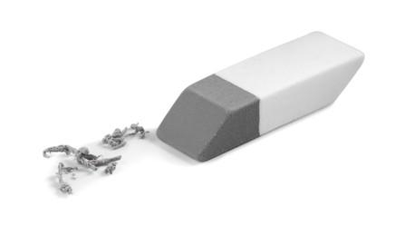 Photo of One eraser and scraps isolated on white