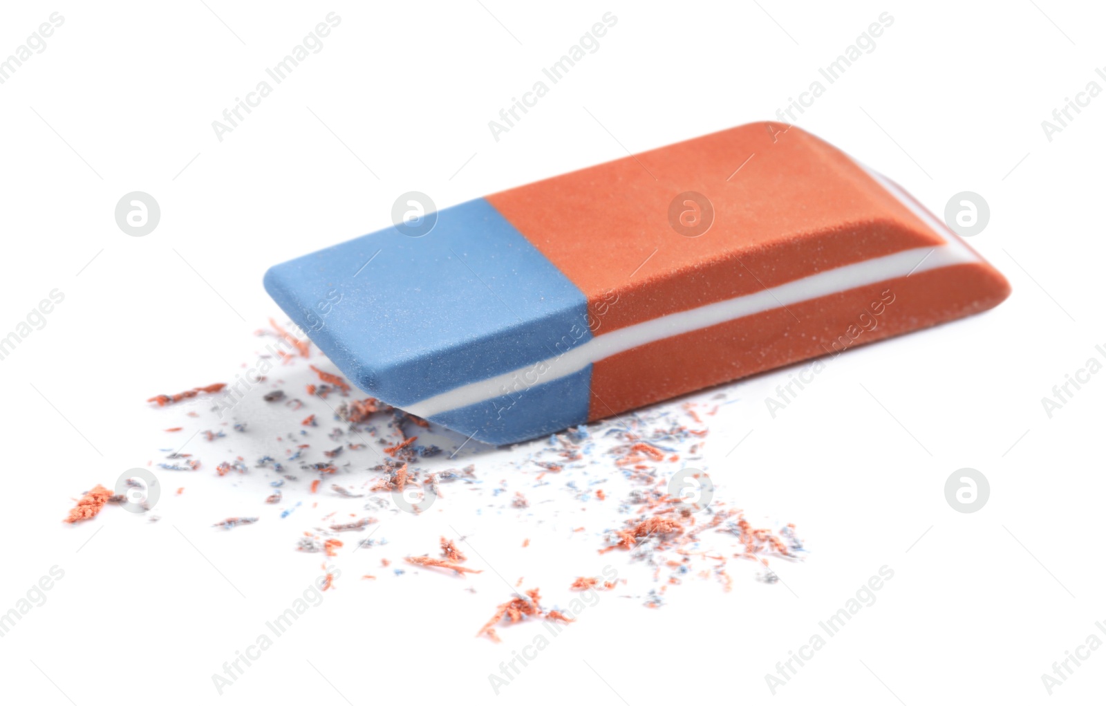 Photo of One eraser and scraps isolated on white