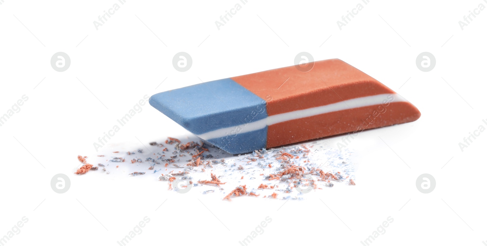 Photo of One eraser and scraps isolated on white