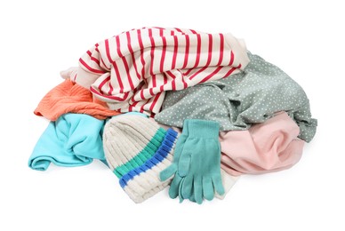 Photo of Pile of different used clothes isolated on white