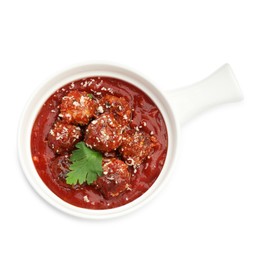 Photo of Delicious meatballs with tomato sauce, parmesan cheese and parsley isolated on white, top view